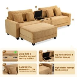 Laibai 111.81 In. Square Arm Velvet Modular 3-Piece Modern Yellow Sofa With Cup Holder And Ottoman -More Furniture Store yellow jearey sofas couches xdxrabc yellow 4f 1000