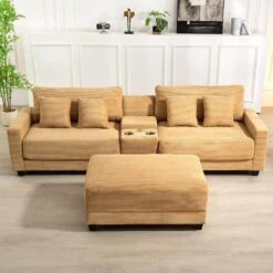 Laibai 111.81 In. Square Arm Velvet Modular 3-Piece Modern Yellow Sofa With Cup Holder And Ottoman