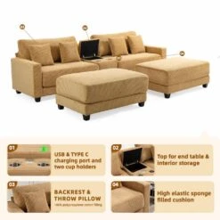 Laibai 111.81 In. Square Arm Velvet Modular 4-Piece Modern Yellow Sofa With Cup Holder And Ottoman -More Furniture Store yellow jearey sofas couches xdxrabcd yellow 1f 1000