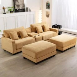 Laibai 111.81 In. Square Arm Velvet Modular 4-Piece Modern Yellow Sofa With Cup Holder And Ottoman -More Furniture Store yellow jearey sofas couches xdxrabcd yellow 31 1000