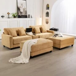 Laibai 111.81 In. Square Arm Velvet Modular 4-Piece Modern Yellow Sofa With Cup Holder And Ottoman -More Furniture Store yellow jearey sofas couches xdxrabcd yellow 44 1000