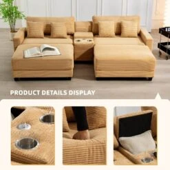 Laibai 111.81 In. Square Arm Velvet Modular 4-Piece Modern Yellow Sofa With Cup Holder And Ottoman -More Furniture Store yellow jearey sofas couches xdxrabcd yellow 4f 1000