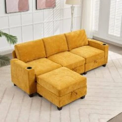 Modern 91 In. Yellow Chenille Square Arm L-Shaped Storage Sofa With Cup Holder And Ottoman For Living -More Furniture Store yellow jearey sofas couches xnecw 3 gold 31 1000
