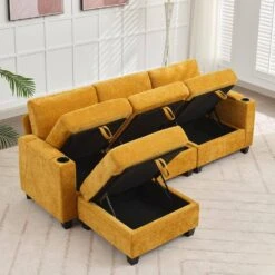Modern 91 In. Yellow Chenille Square Arm L-Shaped Storage Sofa With Cup Holder And Ottoman For Living -More Furniture Store yellow jearey sofas couches xnecw 3 gold 44 1000